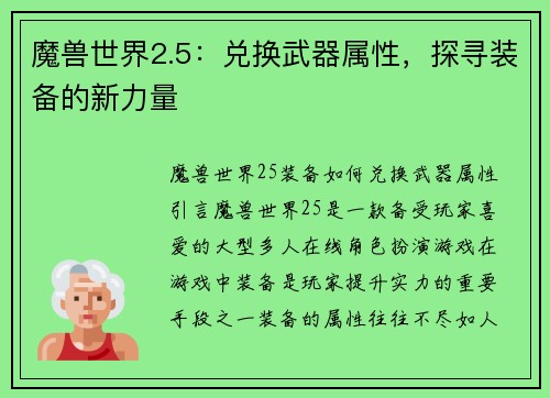 魔兽世界2.5：兑换武器属性，探寻装备的新力量